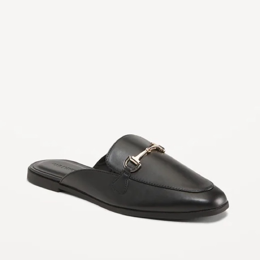 🆕 Old Navy Women’s Faux-Leather Loafer Mule Flats Shoes Pull-on Walk-in Black 8